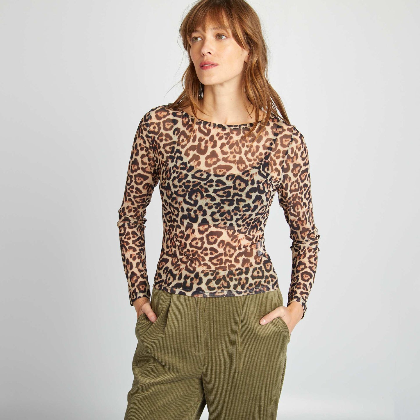 Long-sleeved leopard print T-shirt BROWN