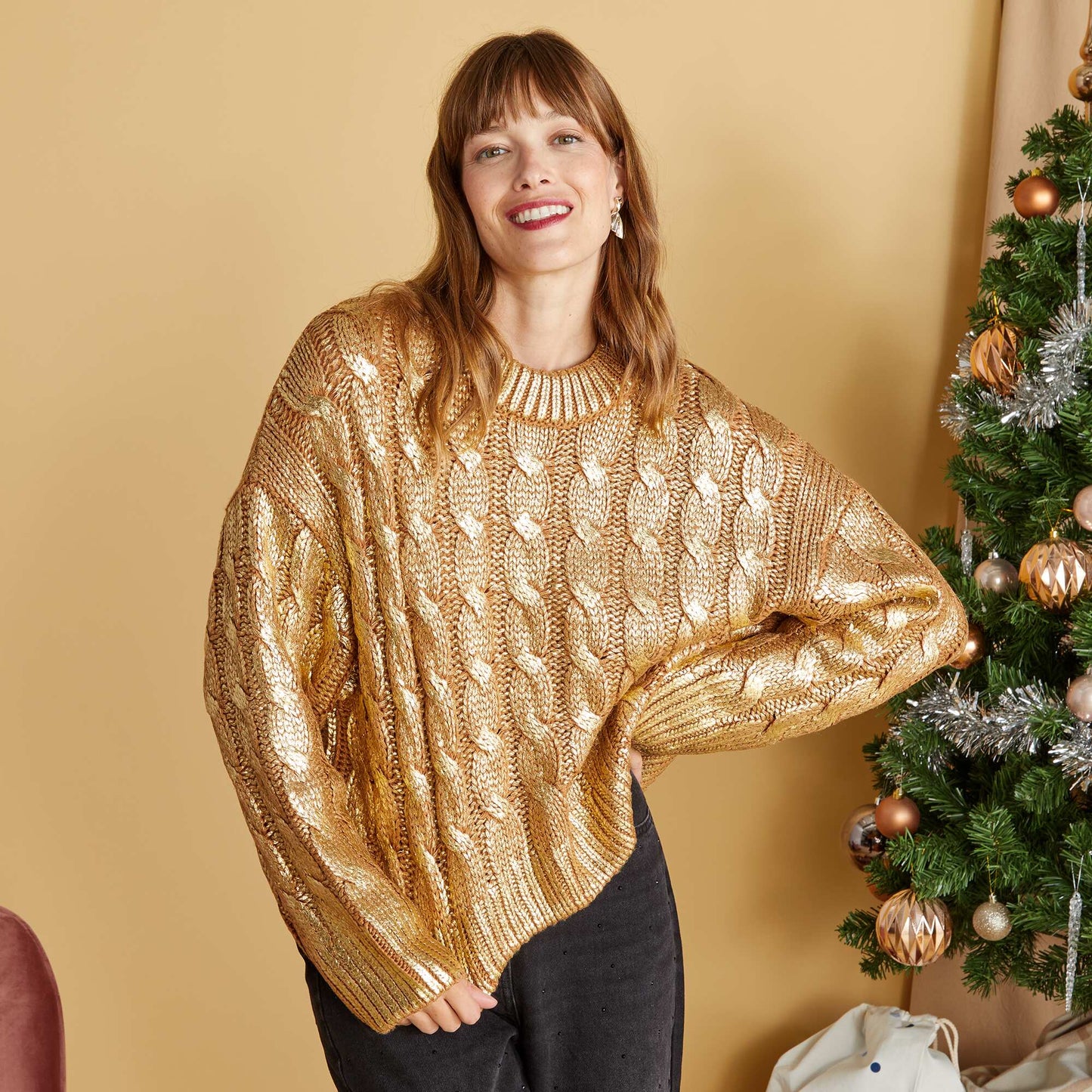 Metallic cable-knit jumper YELLOW