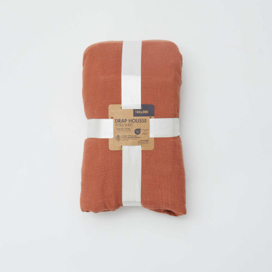 Double cotton gauze fitted sheet for double bed (180 x 200 cm) - Kiabi Home BROWN
