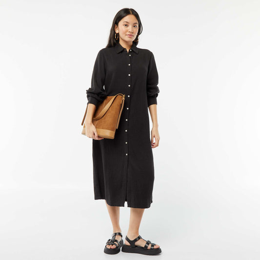 Long double cotton gauze shirt dress BLACK