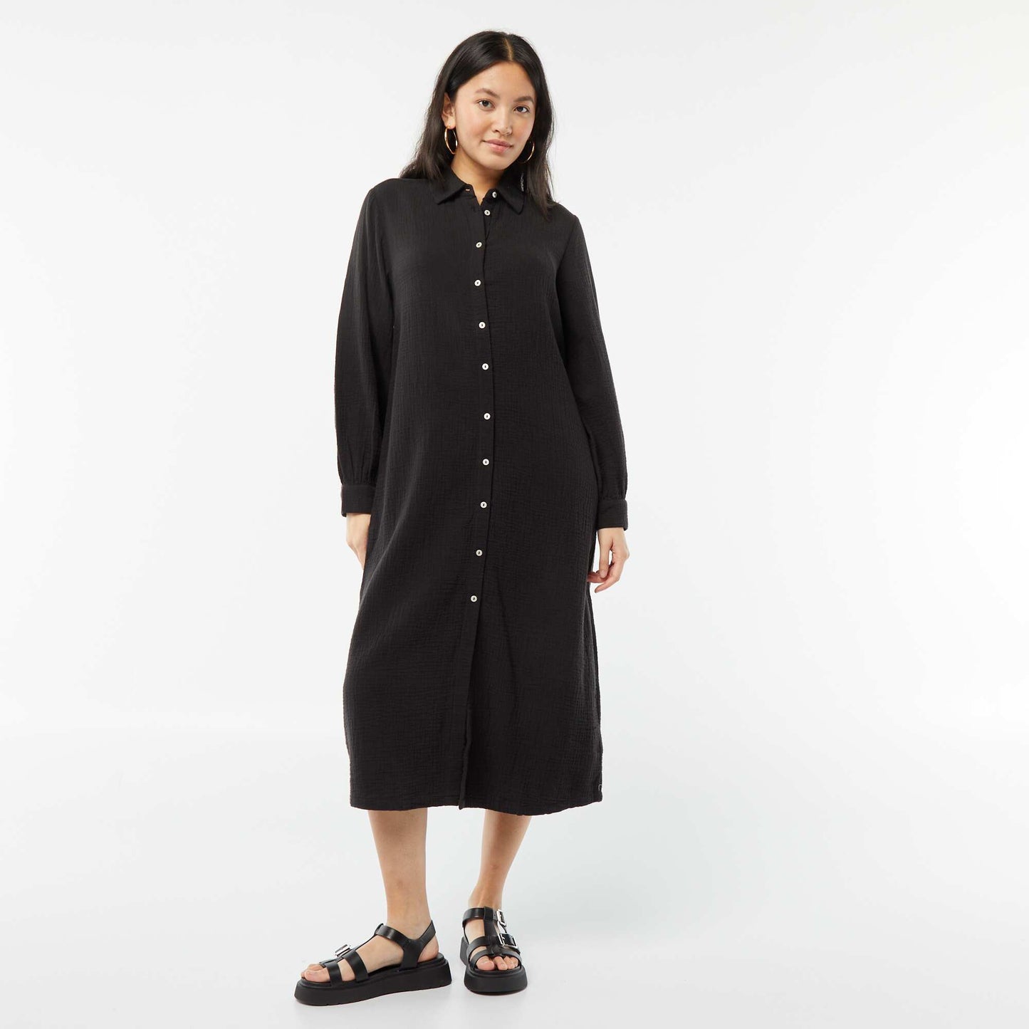 Long double cotton gauze shirt dress BLACK