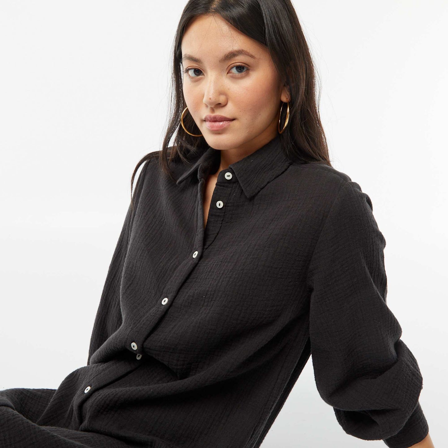 Long double cotton gauze shirt dress BLACK