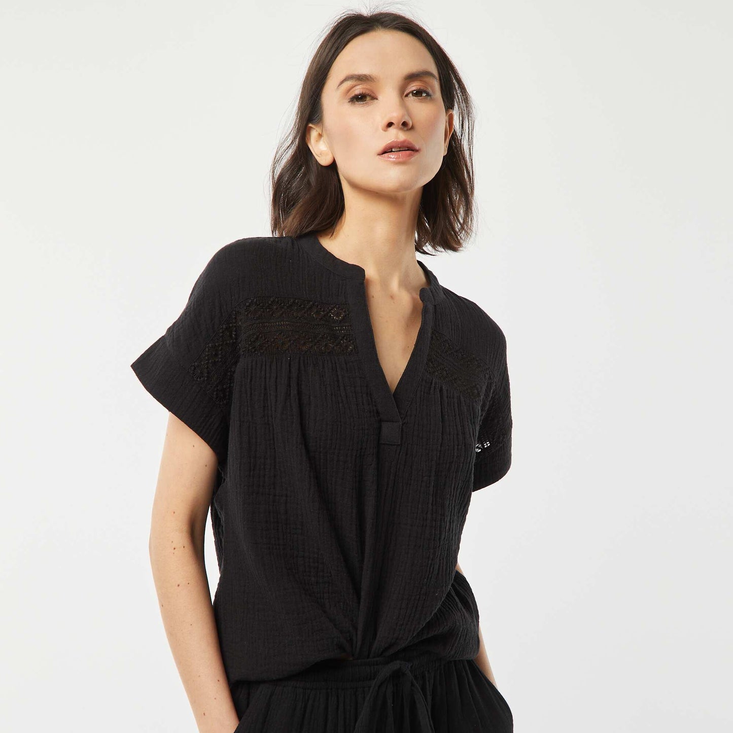 Embroidered cotton gauze blouse BLACK
