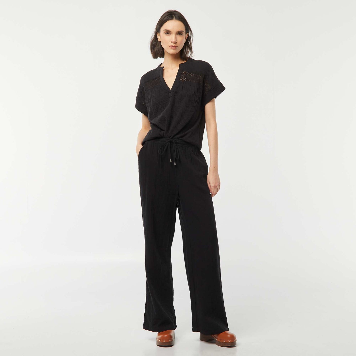 Embroidered cotton gauze blouse BLACK