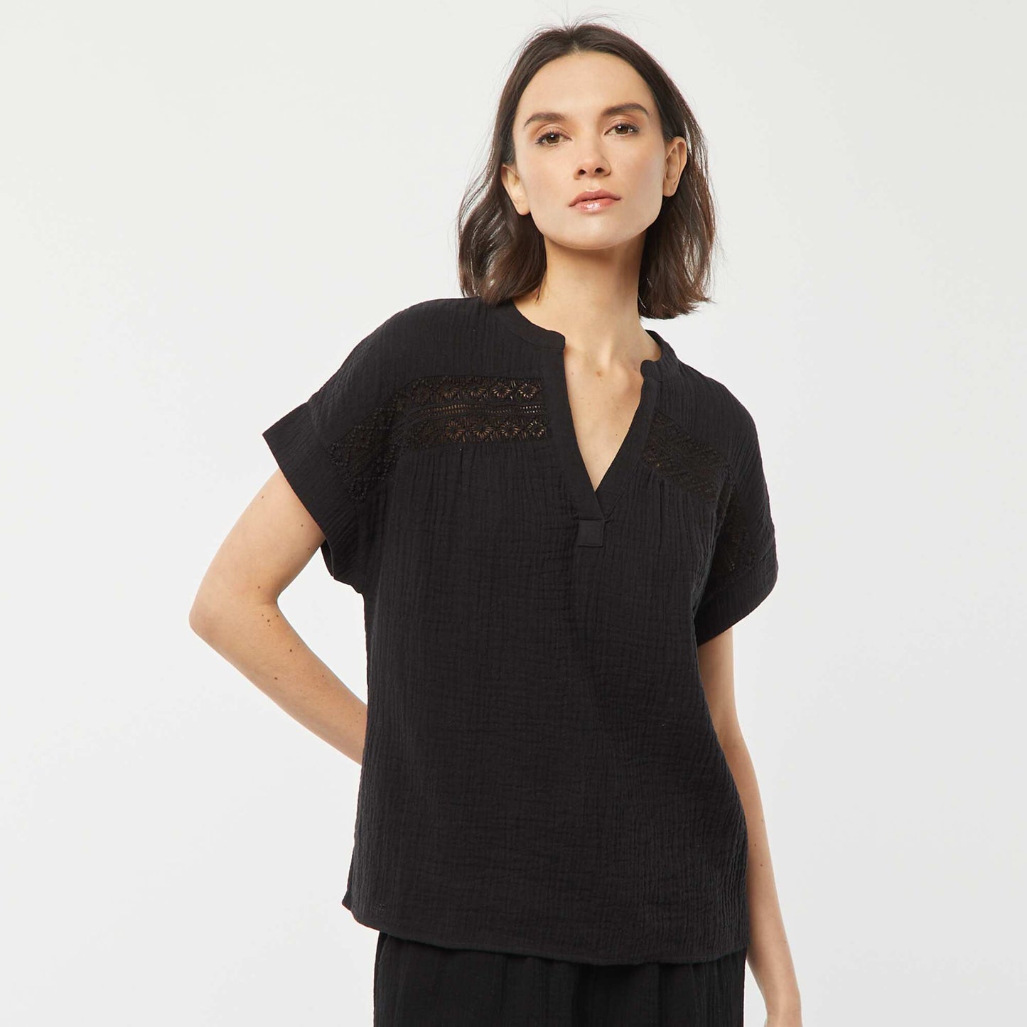 Embroidered cotton gauze blouse BLACK