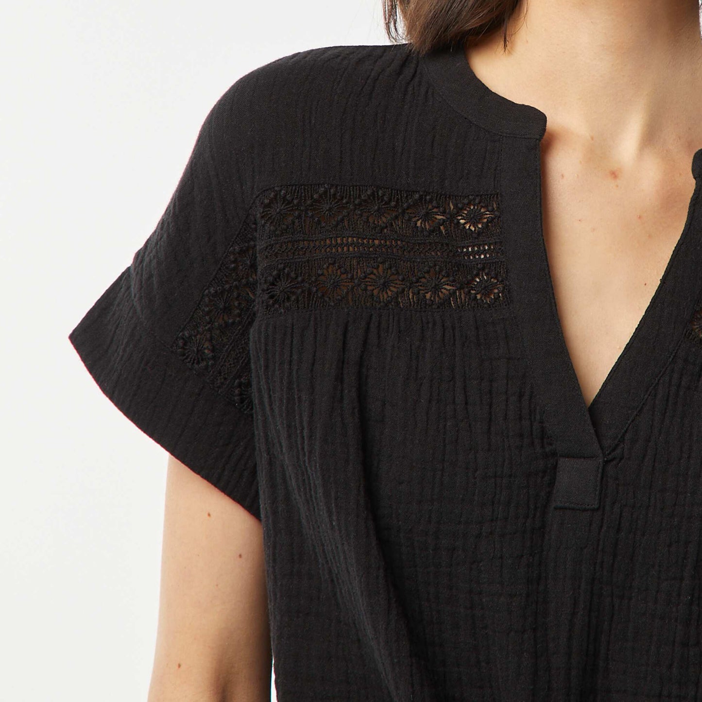 Embroidered cotton gauze blouse BLACK