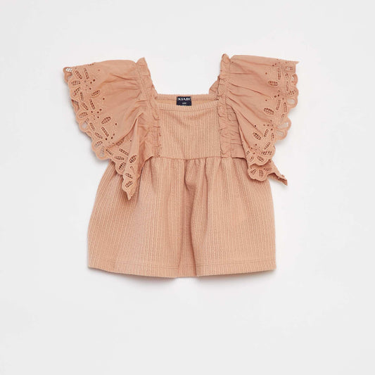 Loose-fit T-shirt with short sleeves with broderie anglaise PINK