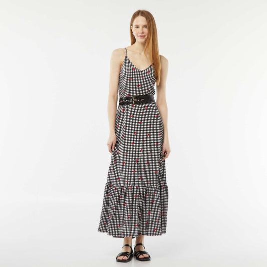 Long waffle fabric dress with narrow straps BLACK