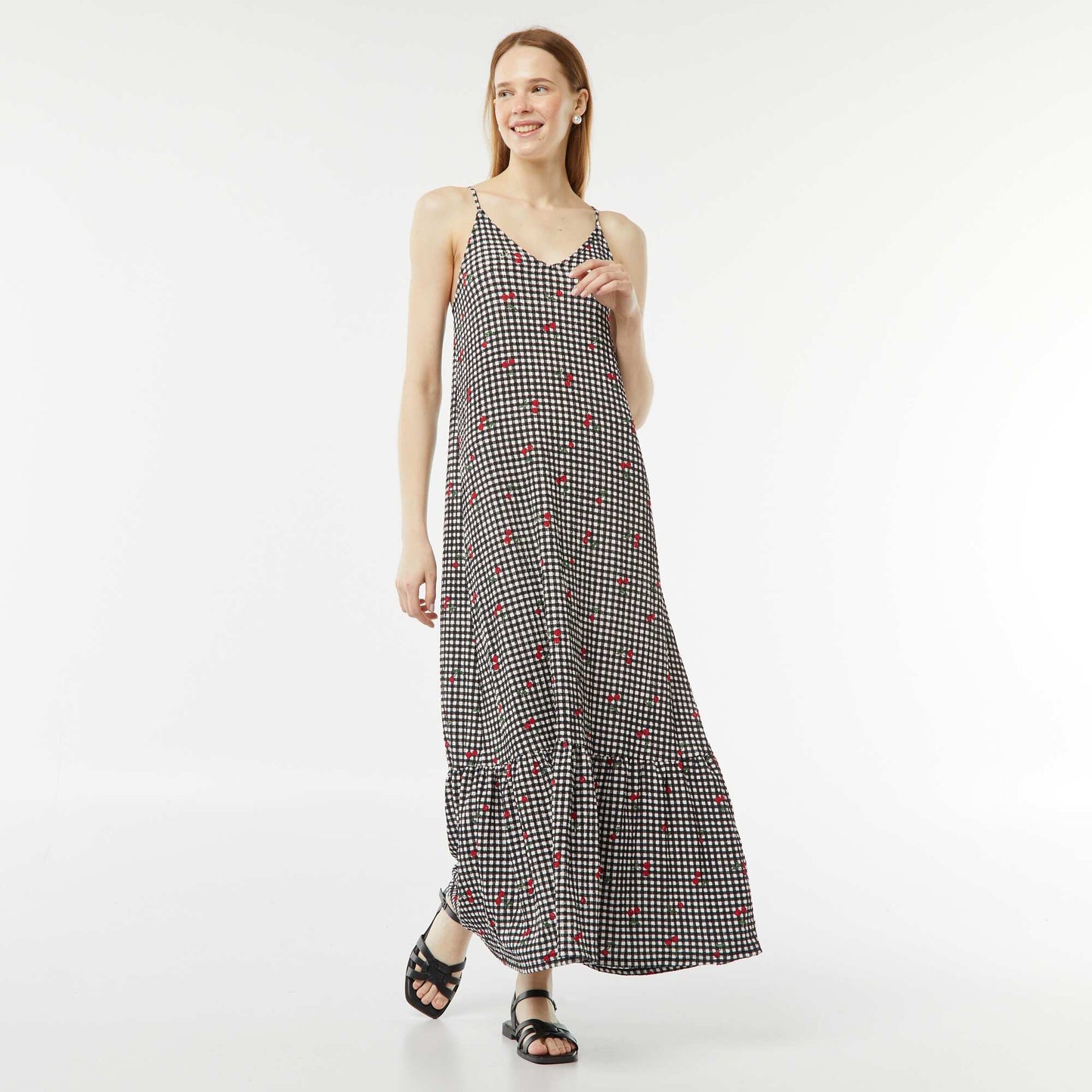 Long waffle fabric dress with narrow straps BLACK