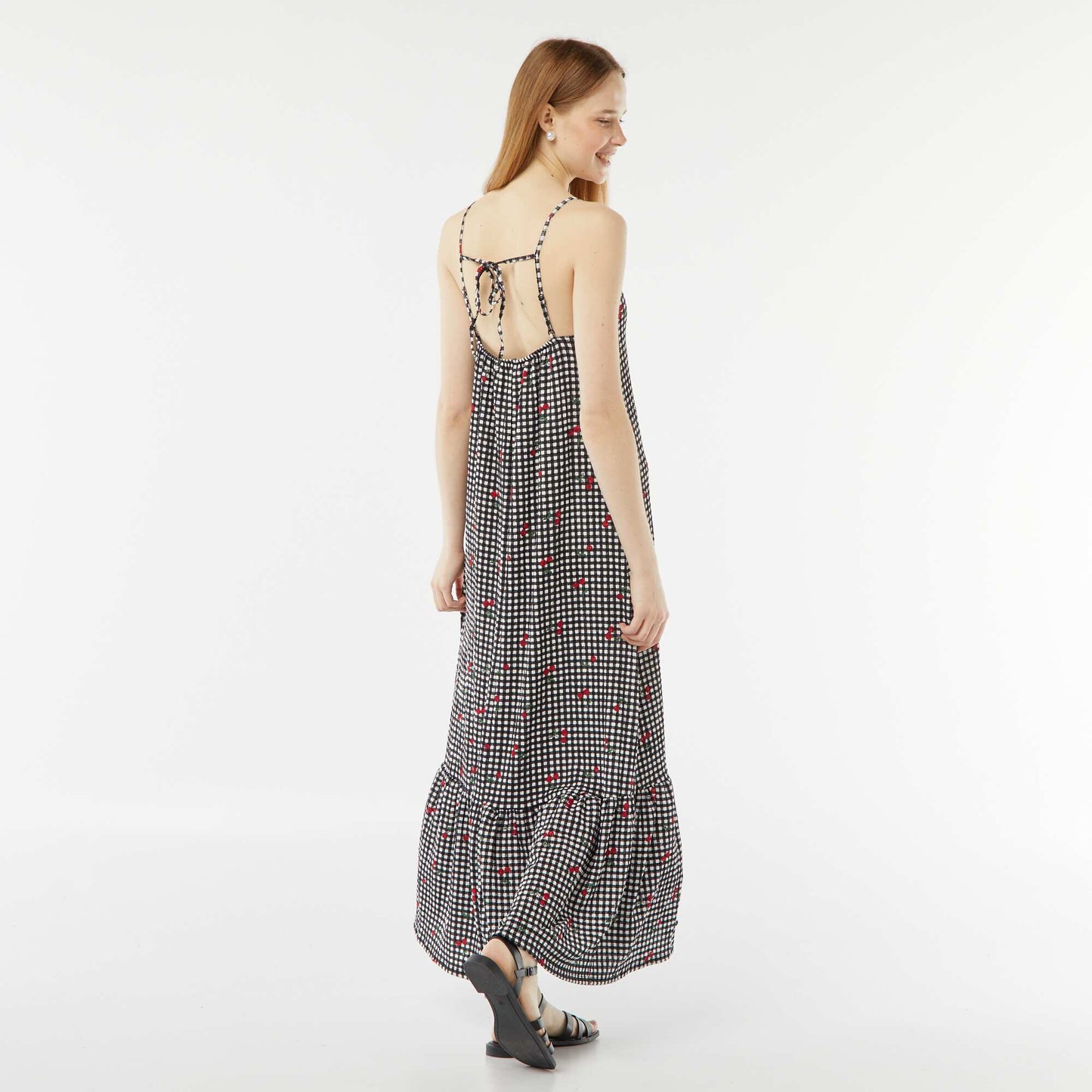 Long waffle fabric dress with narrow straps BLACK