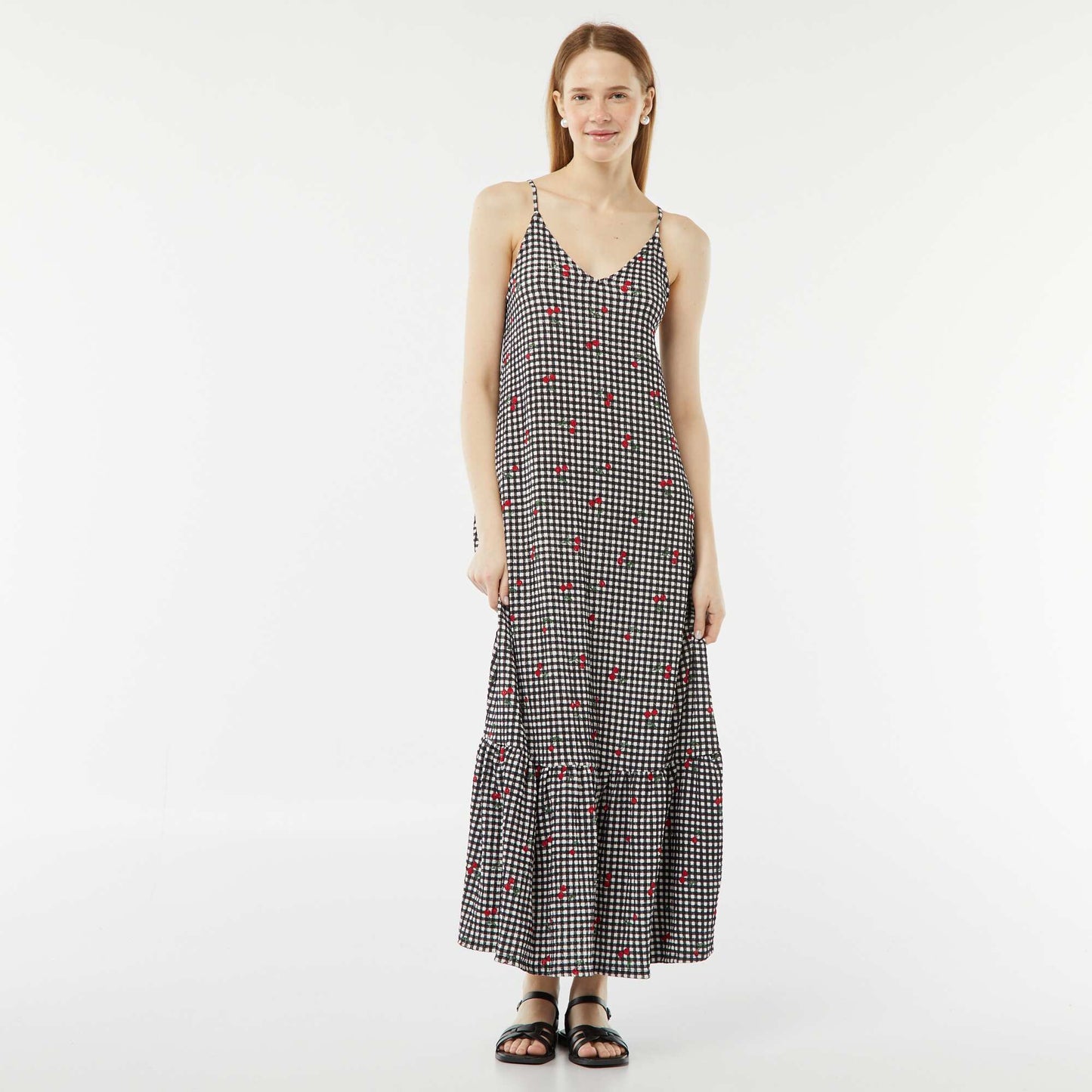 Long waffle fabric dress with narrow straps BLACK