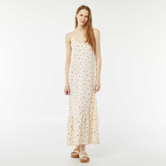 Long waffle fabric dress with narrow straps BEIGE