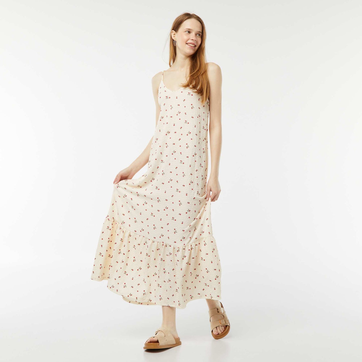Long waffle fabric dress with narrow straps BEIGE