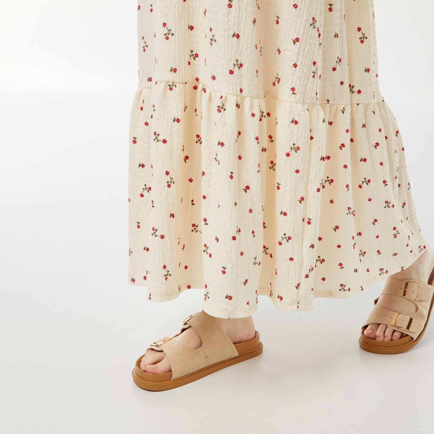 Long waffle fabric dress with narrow straps BEIGE