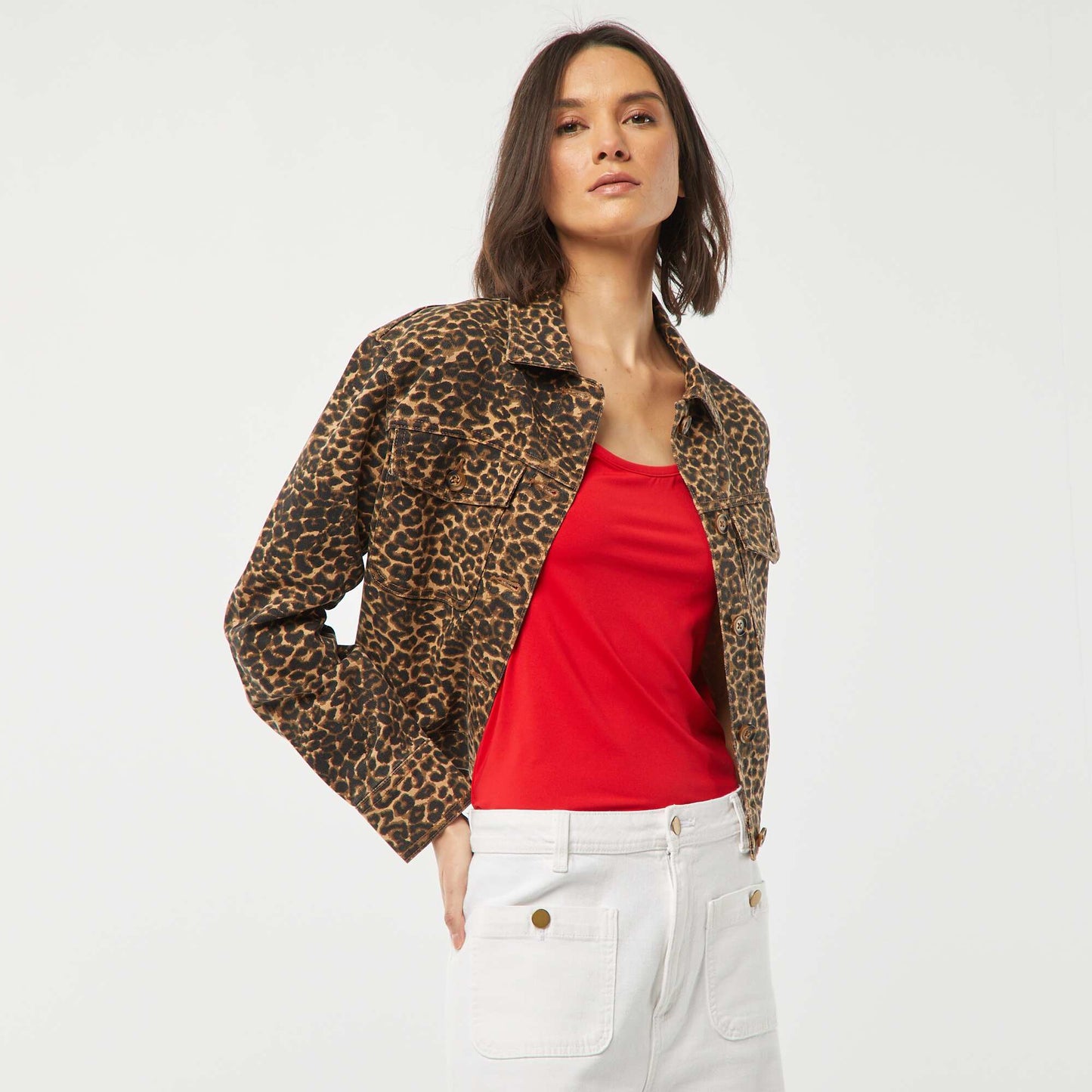 Leopard print denim jacket BEIGE