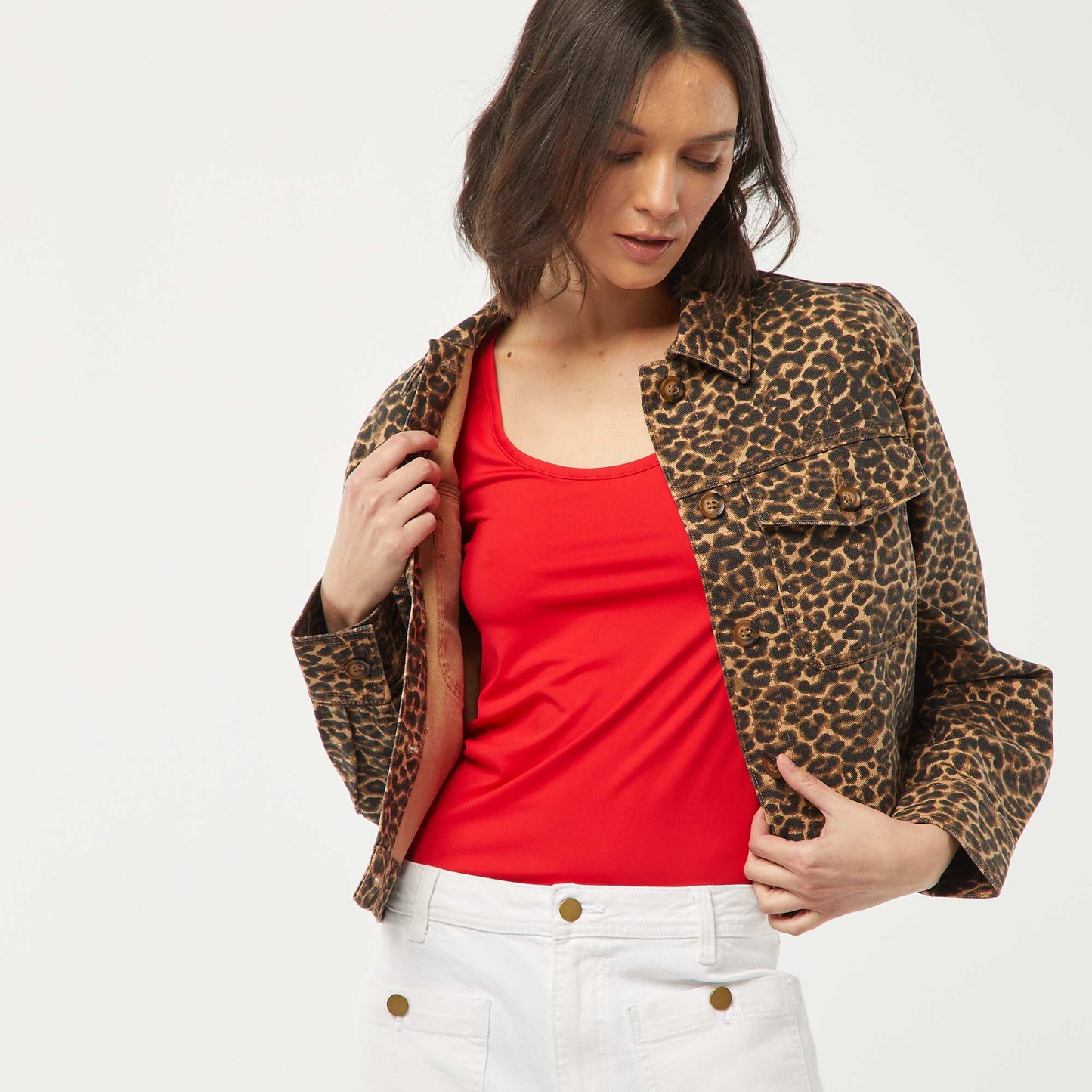 Leopard print denim jacket BEIGE