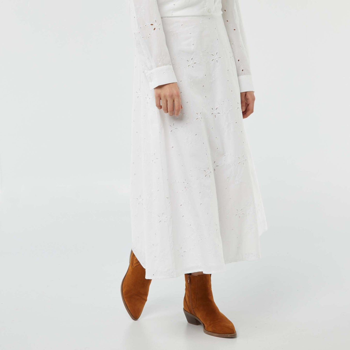 Plain midi skirt with broderie anglaise WHITE
