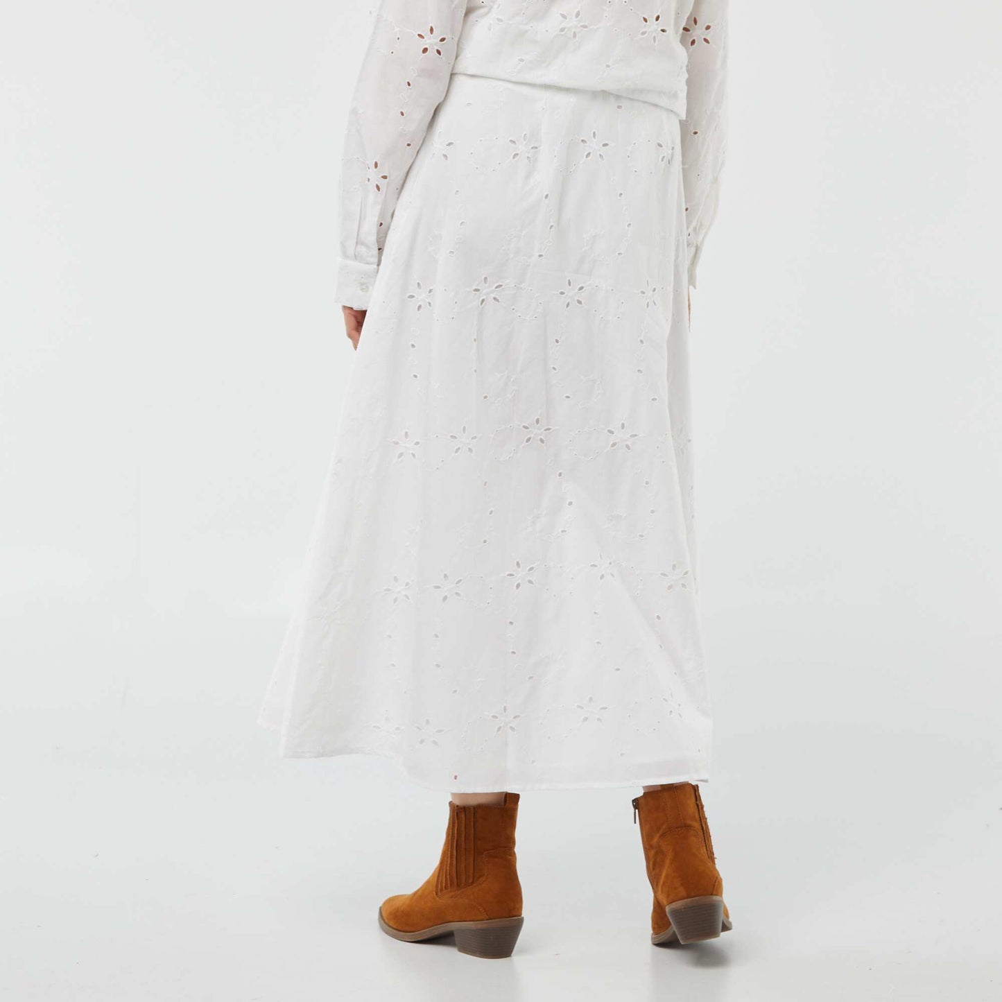 Plain midi skirt with broderie anglaise WHITE