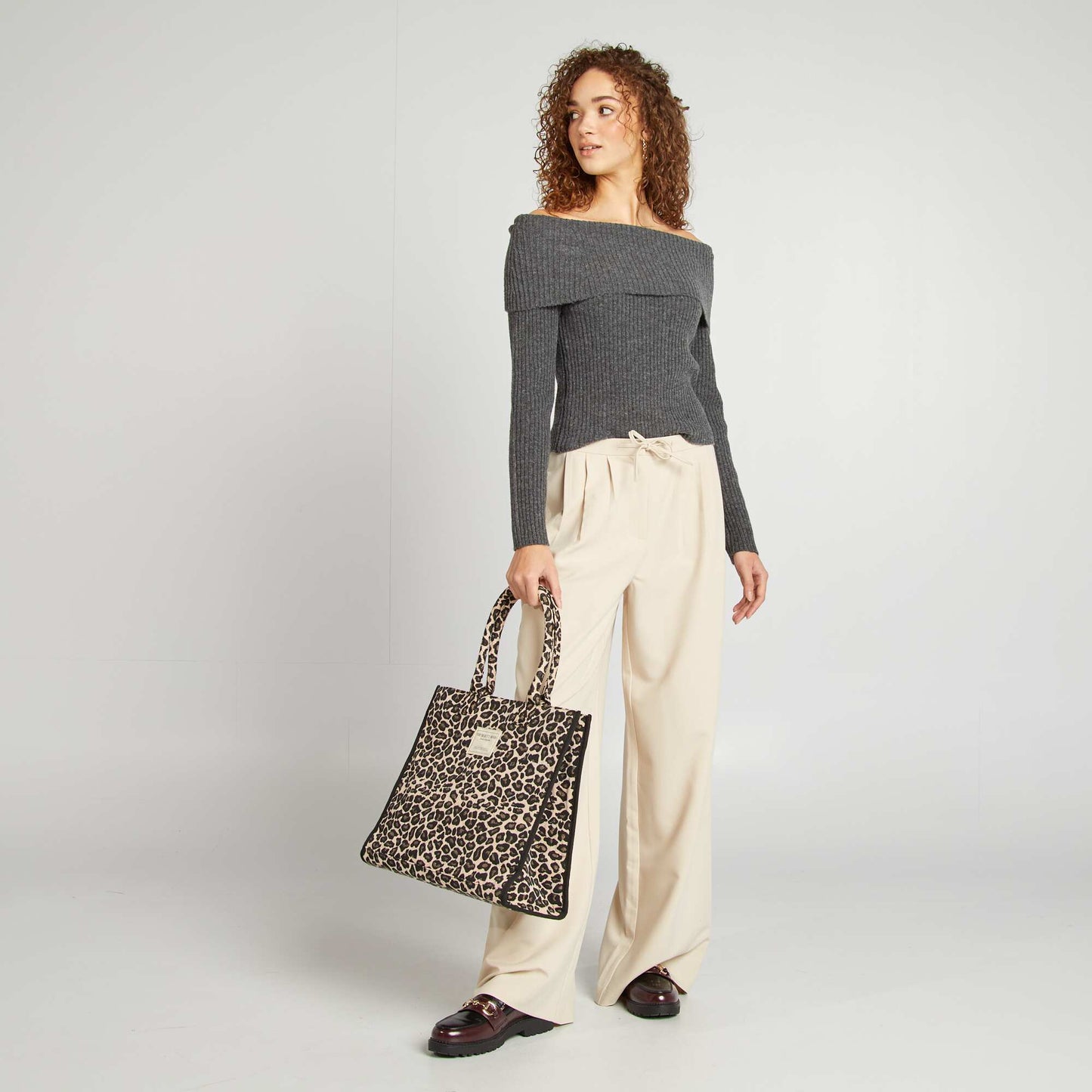 Ribbed sweater with Bardot neckline GREY
