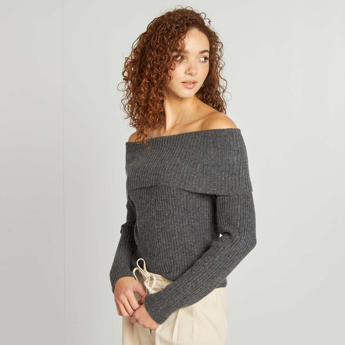 Ribbed sweater with Bardot neckline GREY