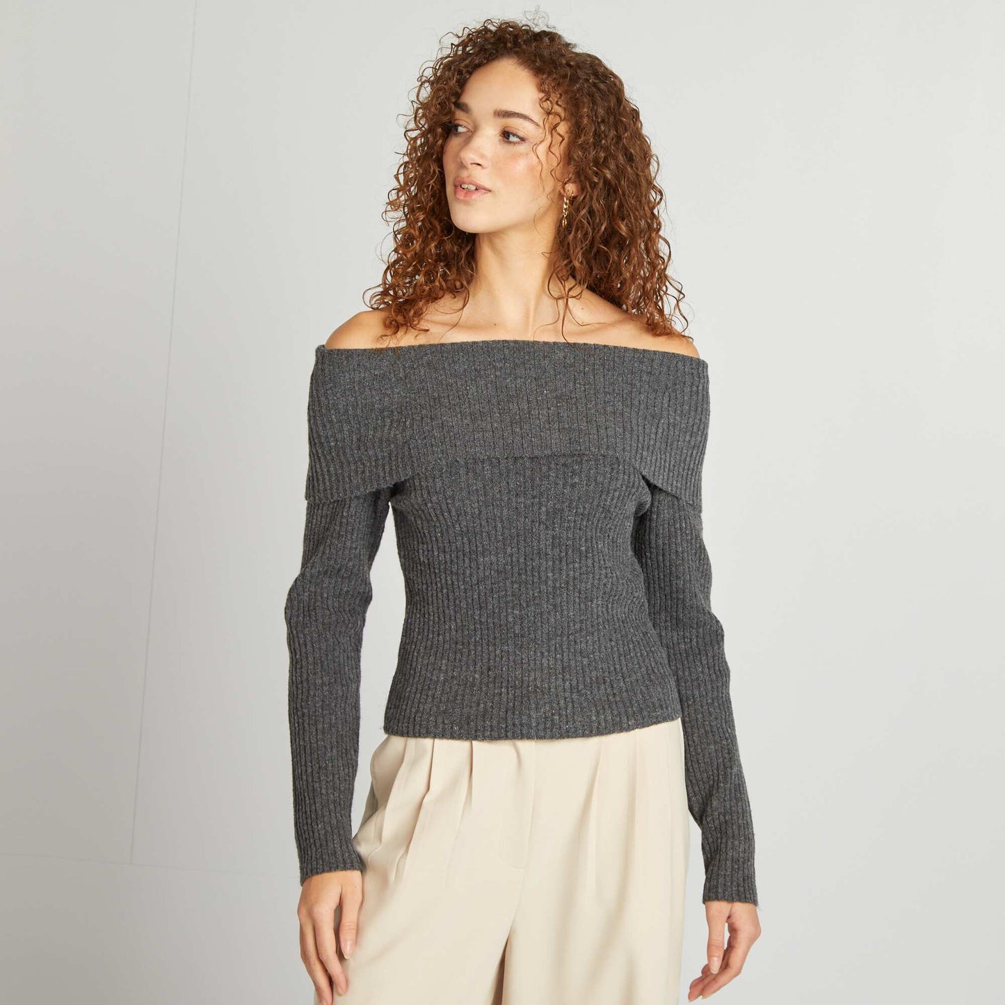 Ribbed sweater with Bardot neckline GREY