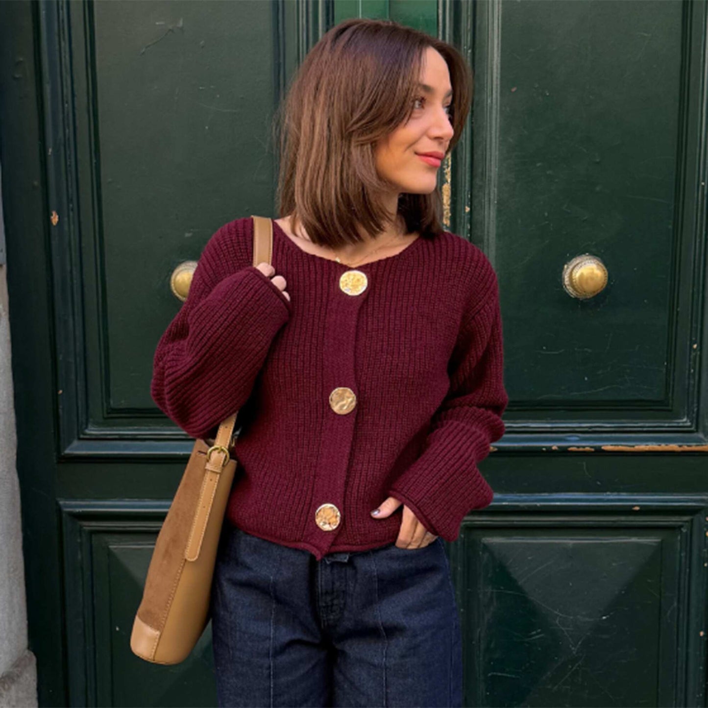 Chunky knit cardigan with large buttons RED