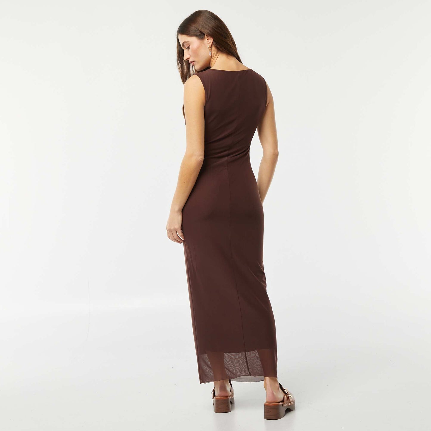 Long draped mesh dress BROWN