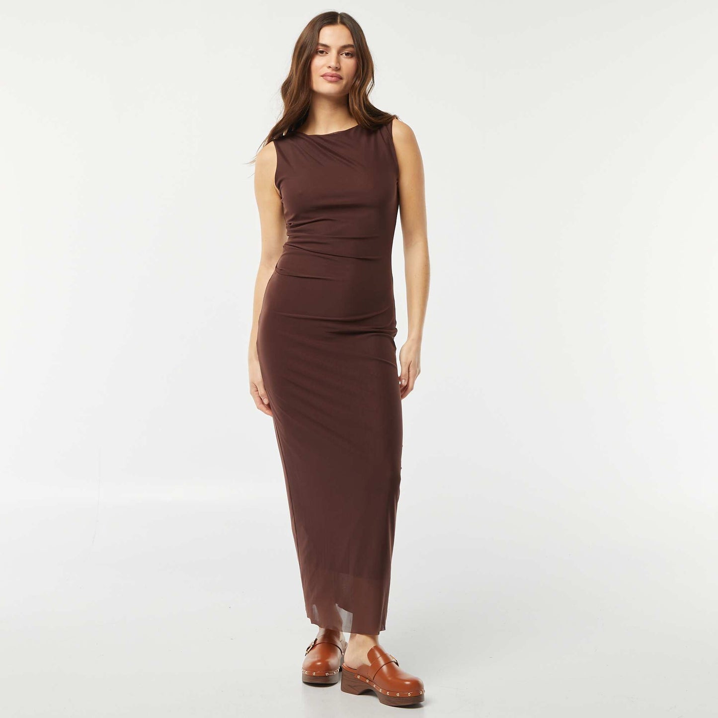 Long draped mesh dress BROWN