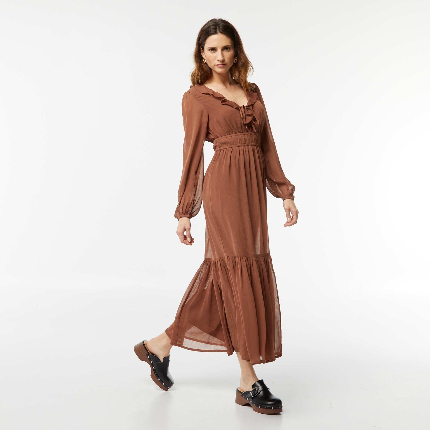 Long ruffled dress BROWN