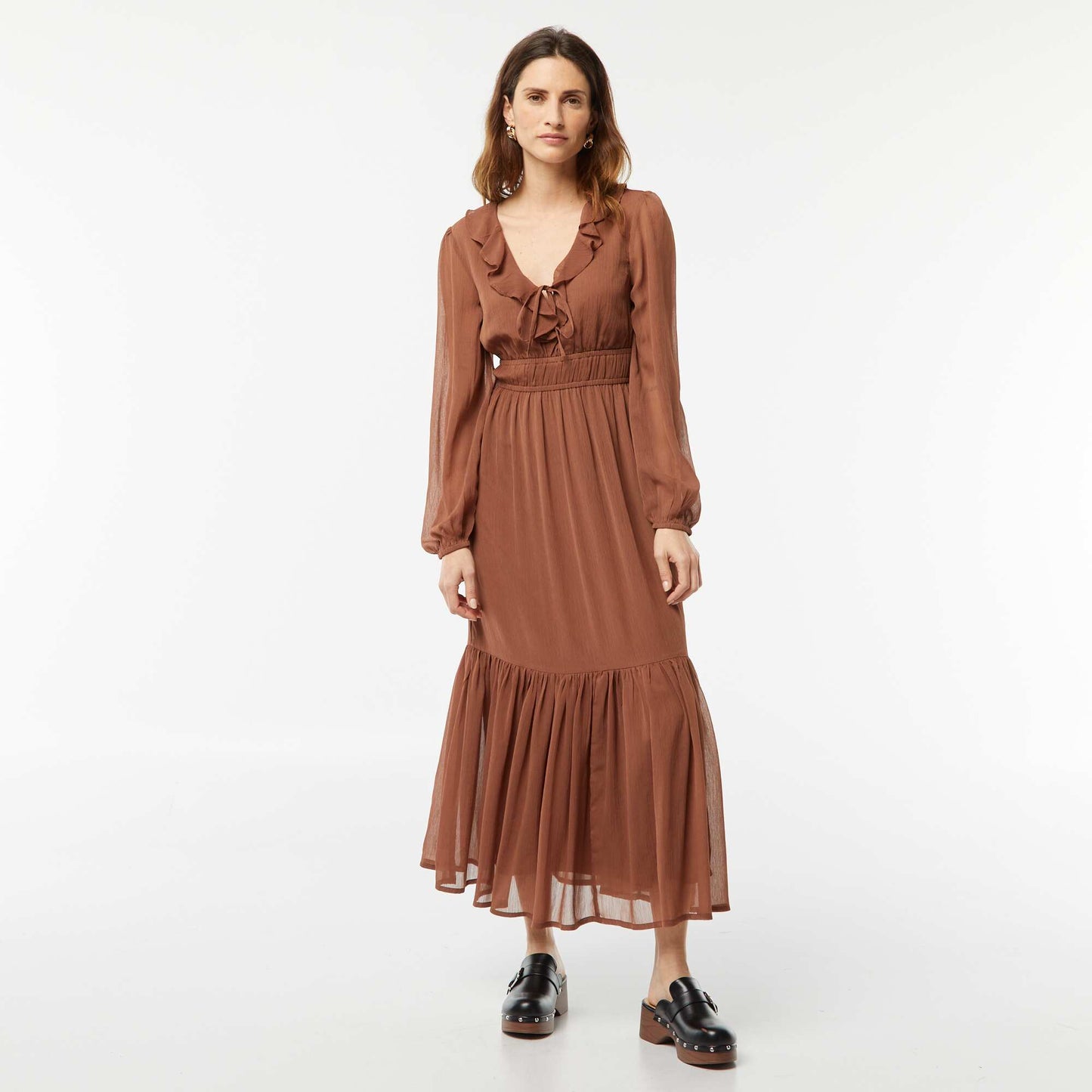 Long ruffled dress BROWN
