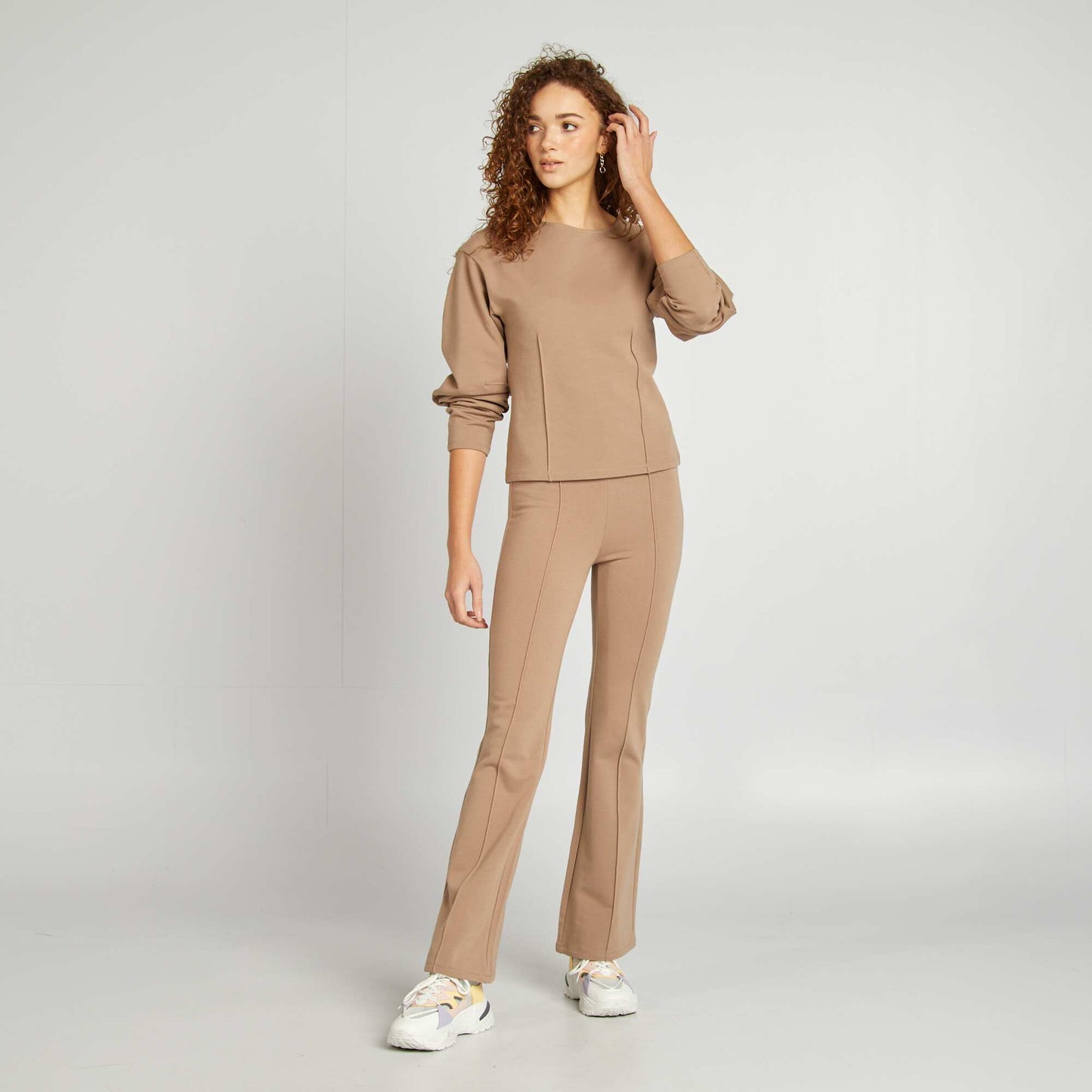 Stretch knit flared trousers BEIGE