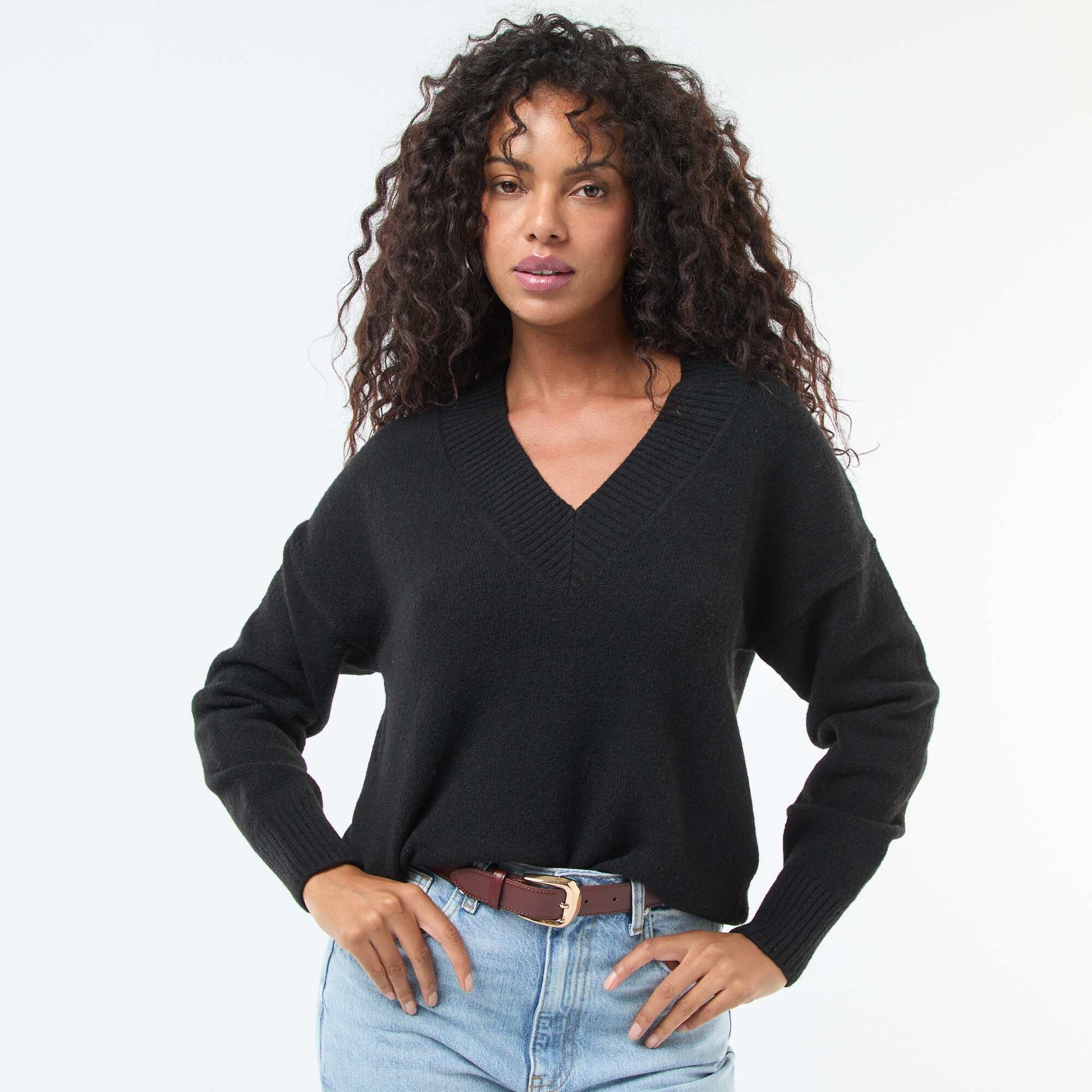 V-Neck Solid Color Sweater BLACK