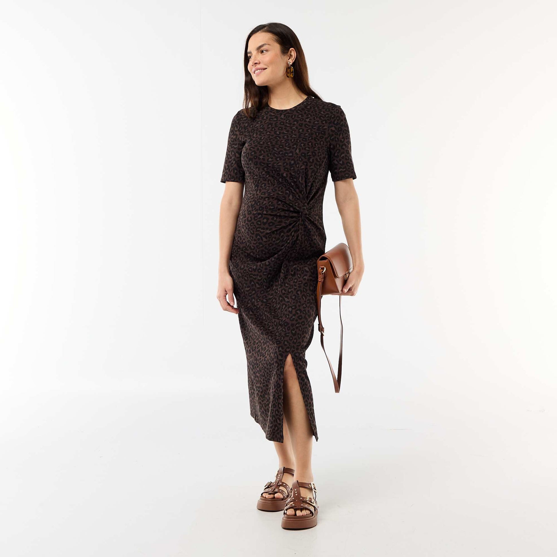 Twist Front Maternity Dress BROWN