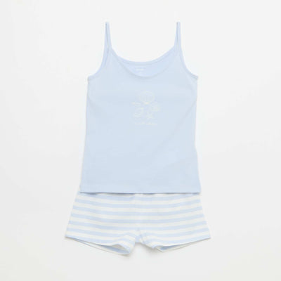 2 ნაწილიანი მოკლე პიჟამოს კომპლექტი: ზედა და შორტი ლურჯი