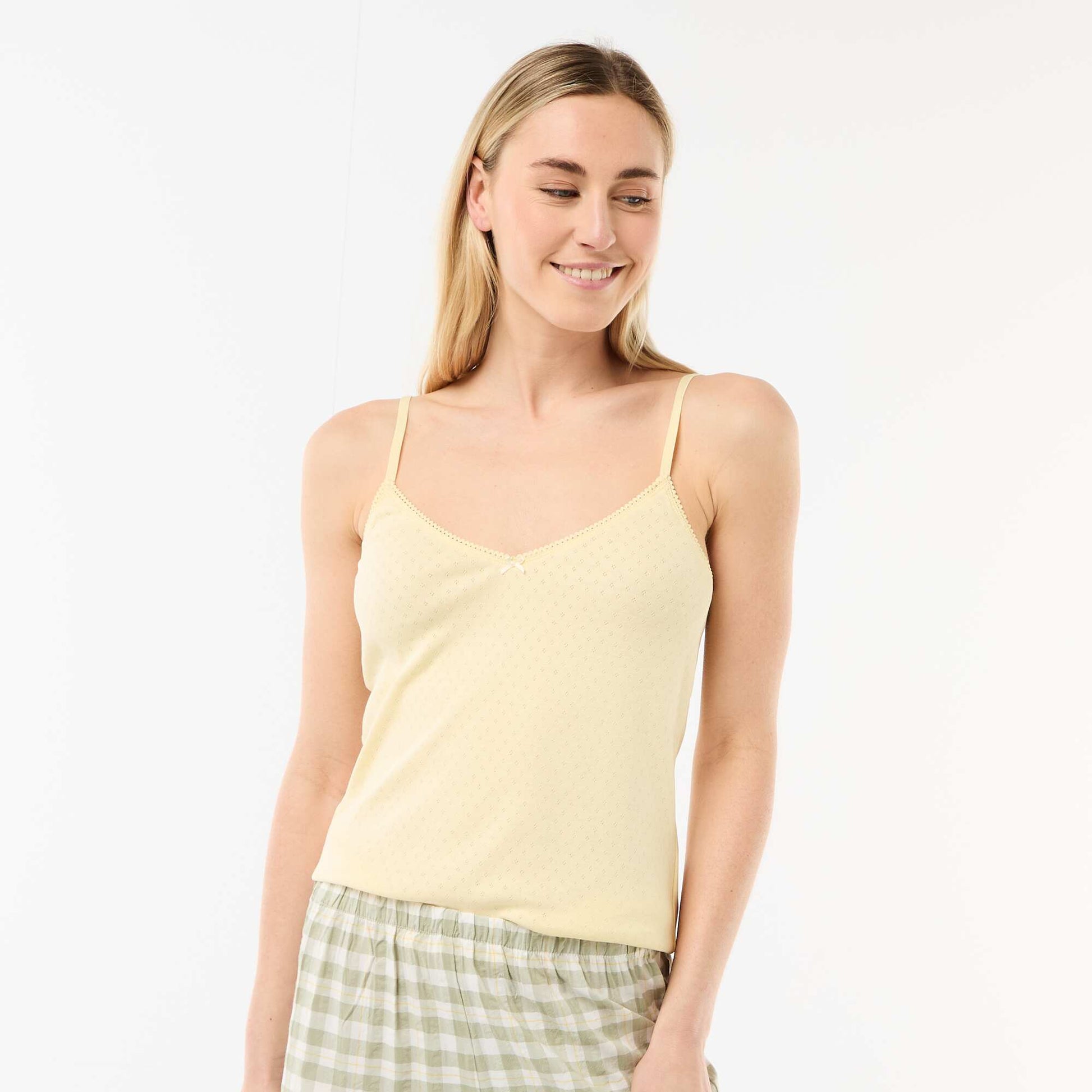 Solid Cotton Tank Top with Adjustable Spaghetti Straps YELLOW