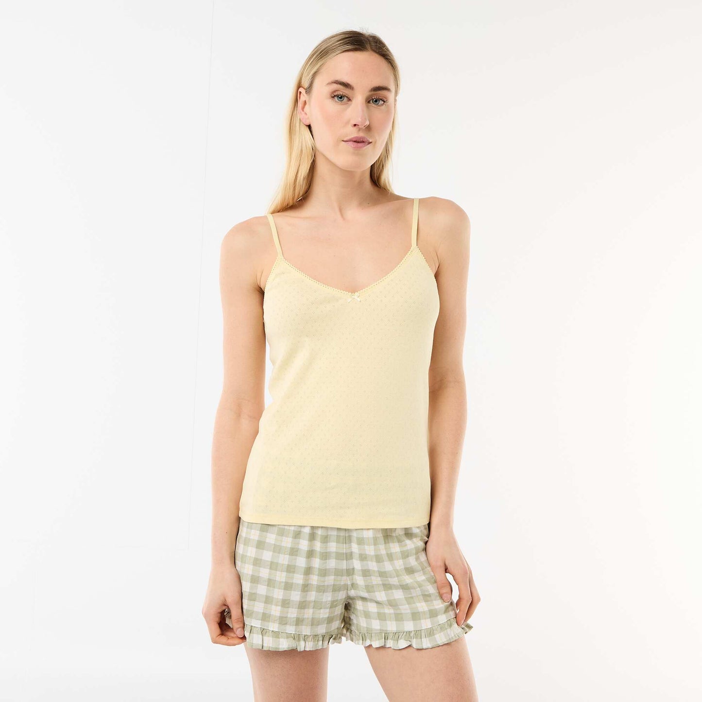 Solid Cotton Tank Top with Adjustable Spaghetti Straps YELLOW