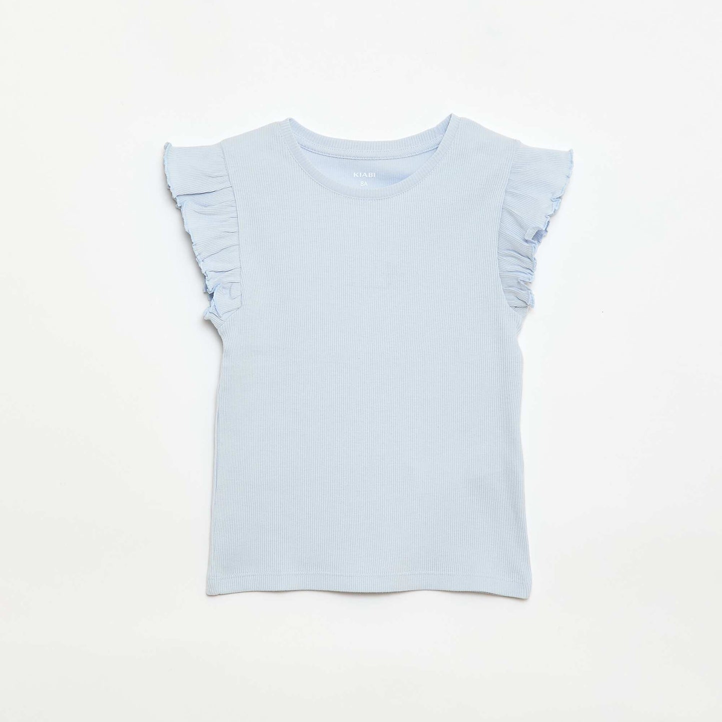 Ruffle-sleeved ribbed T-shirt BLUE