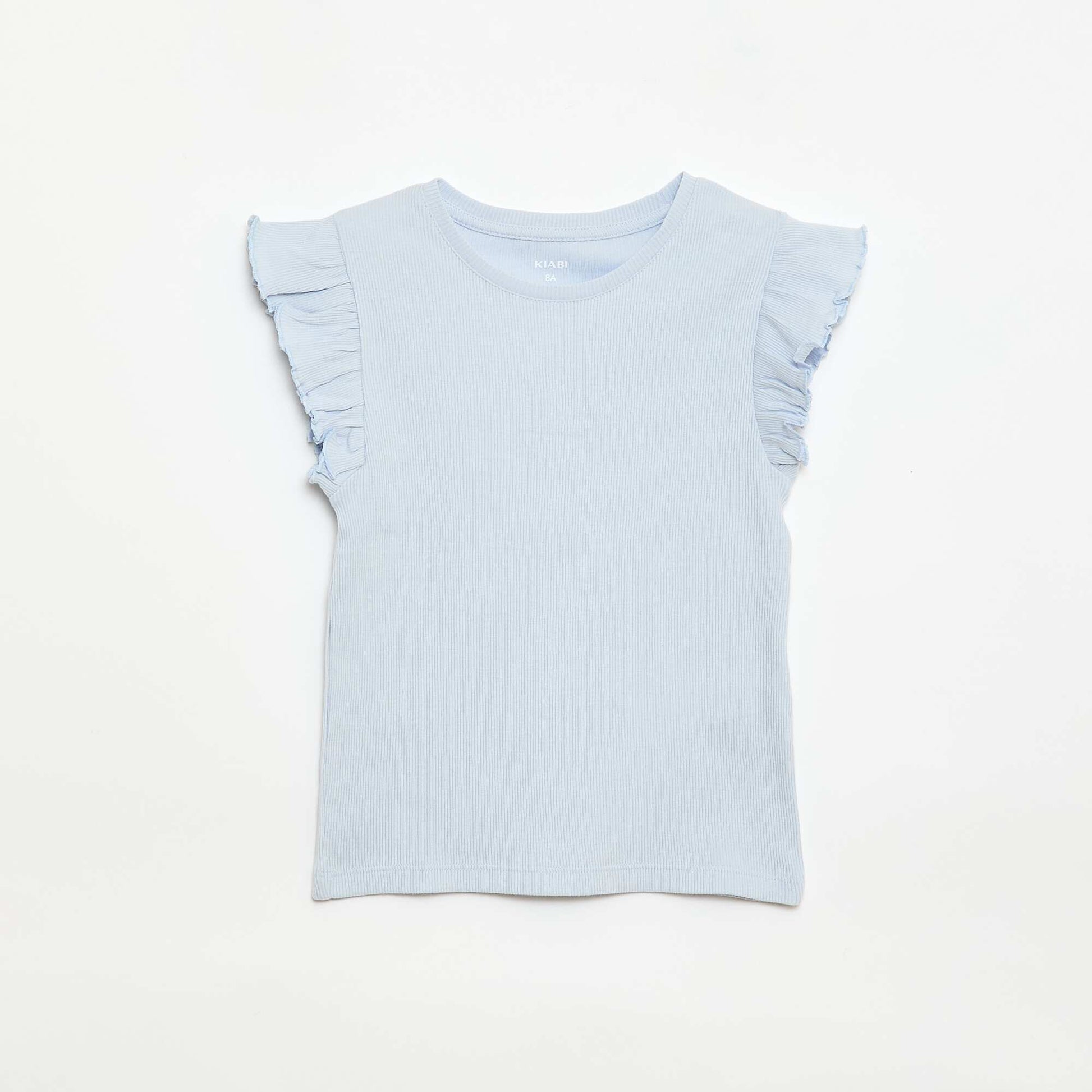 Ruffle-sleeved ribbed T-shirt BLUE