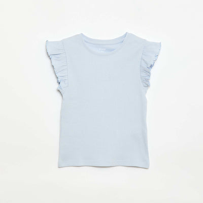 Ruffle-sleeved ribbed T-shirt BLUE