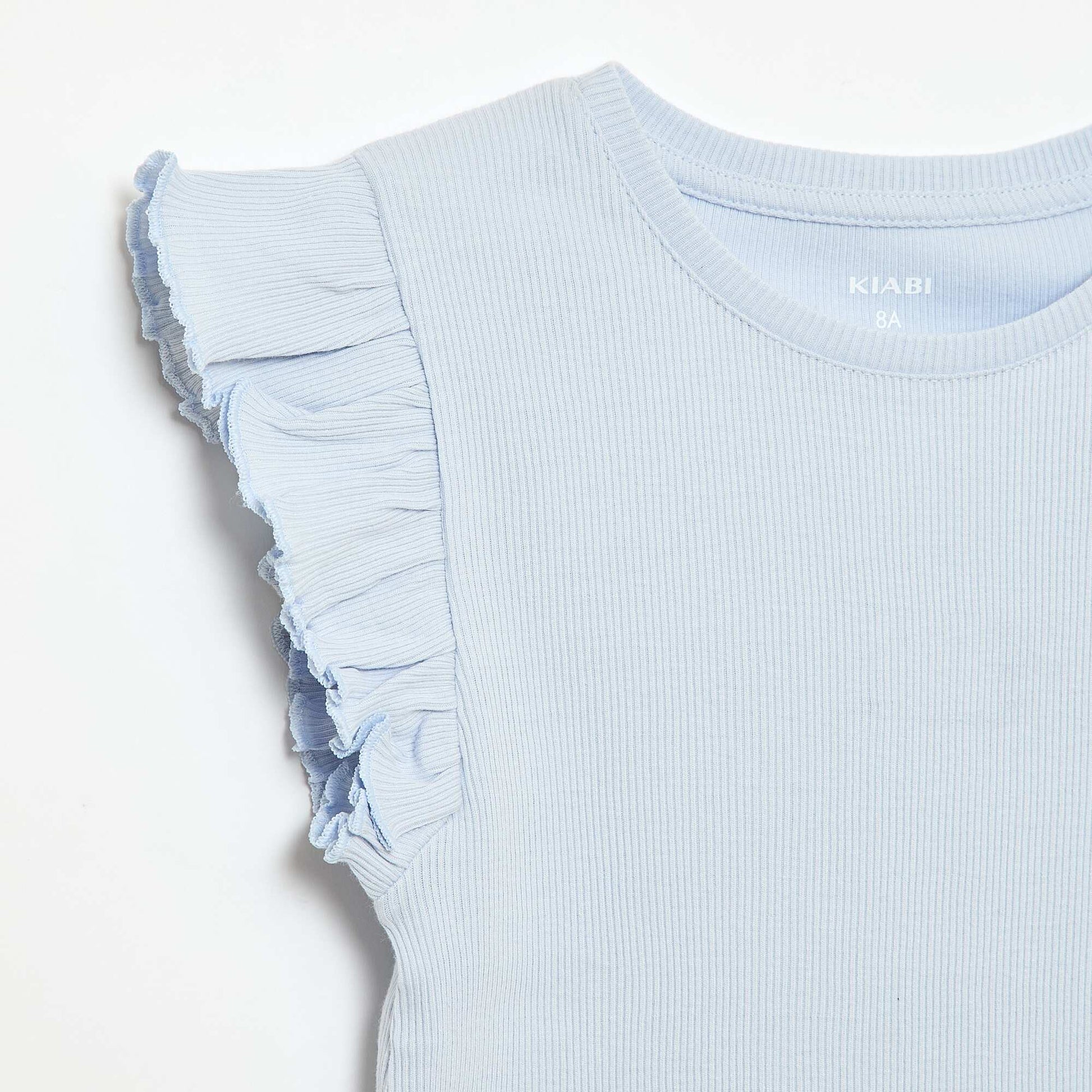 Ruffle-sleeved ribbed T-shirt BLUE