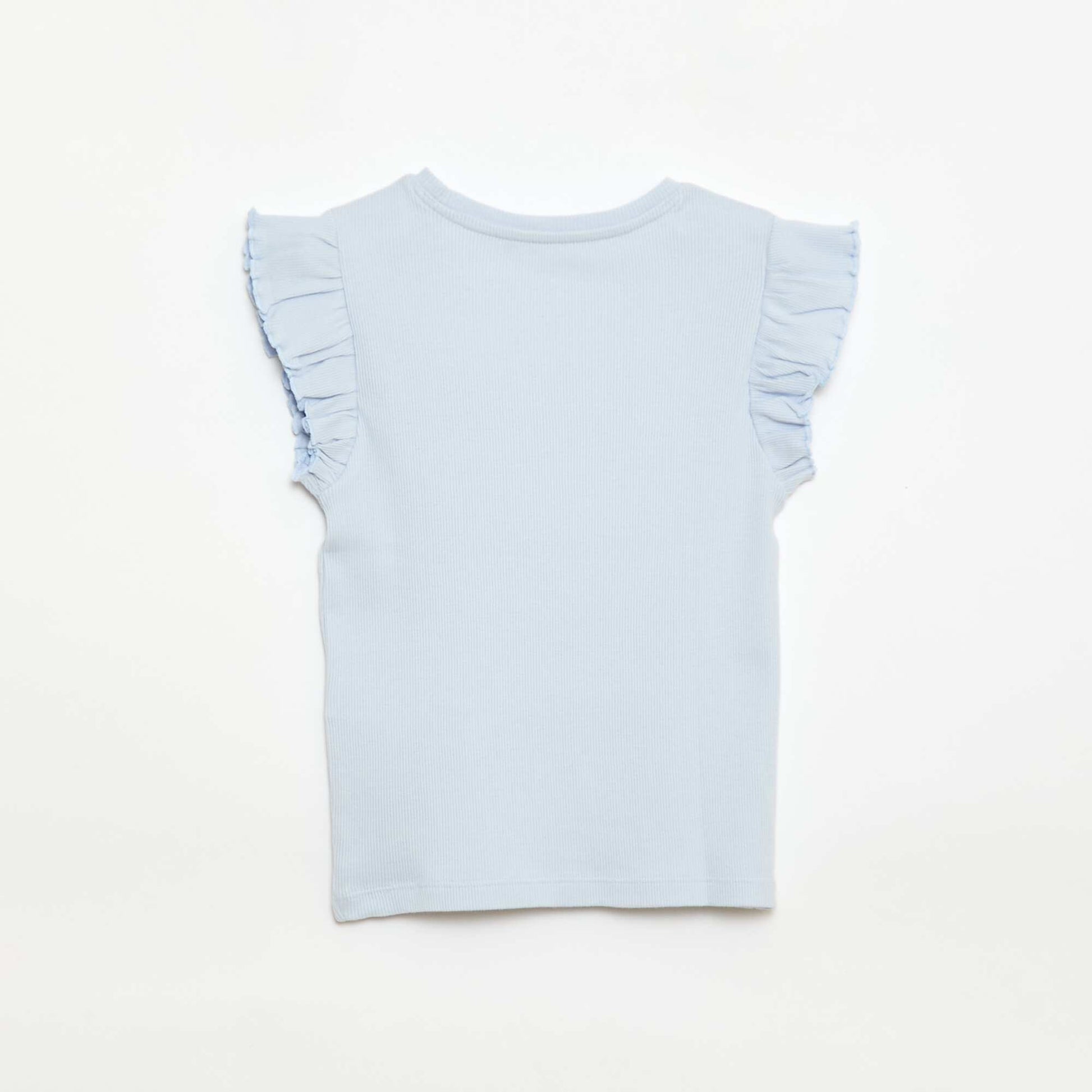 Ruffle-sleeved ribbed T-shirt BLUE