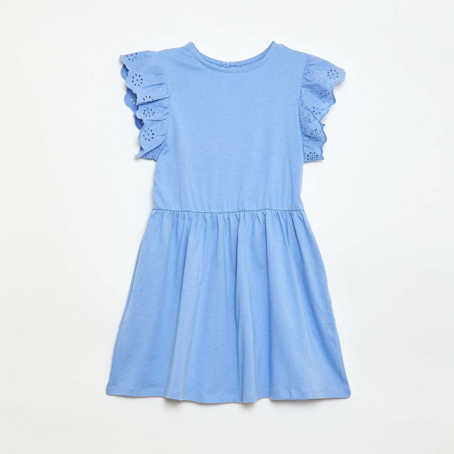 Jersey dress with short eyelet embroidery sleeves BLUE