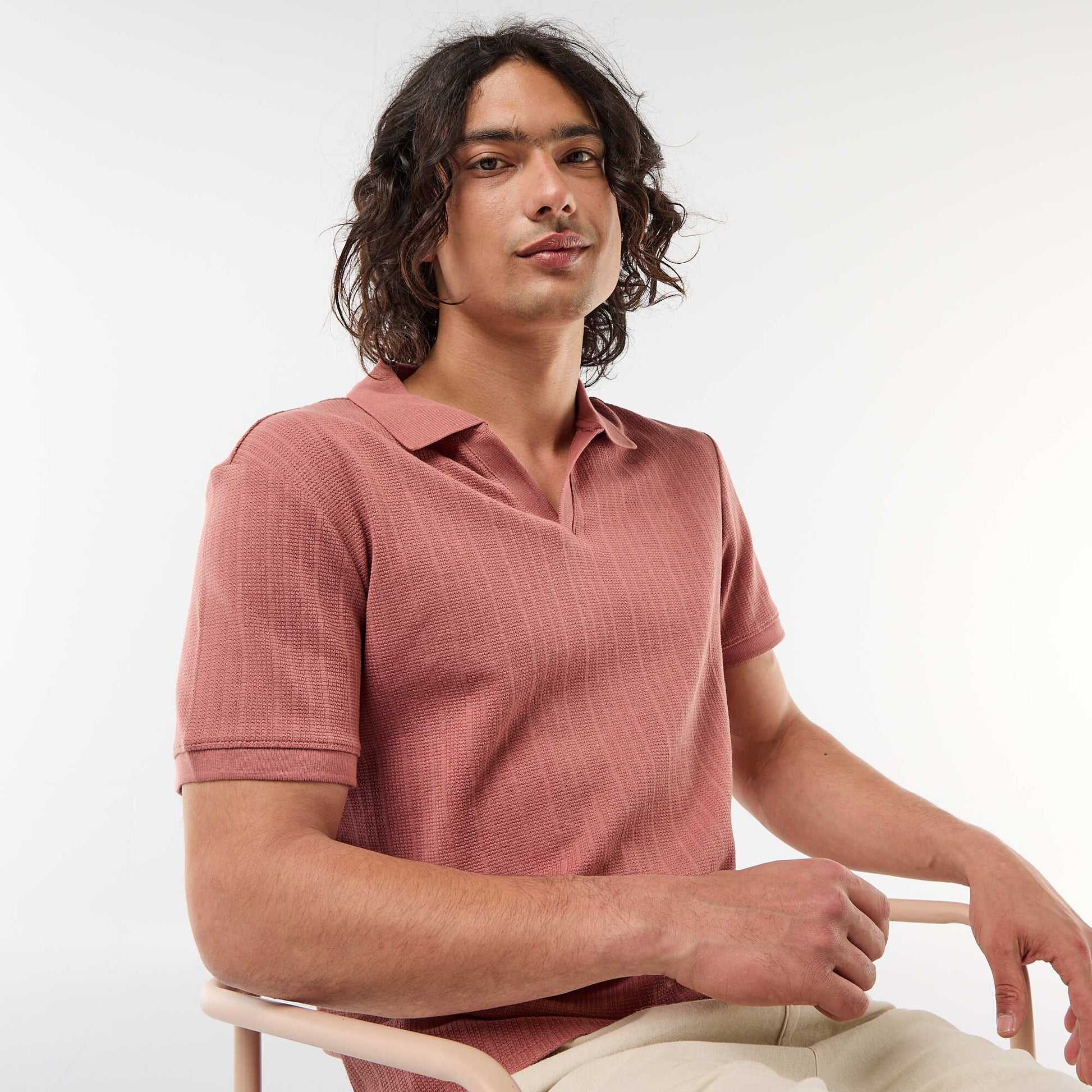 Honeycomb Knit Short-Sleeve Polo Shirt PINK