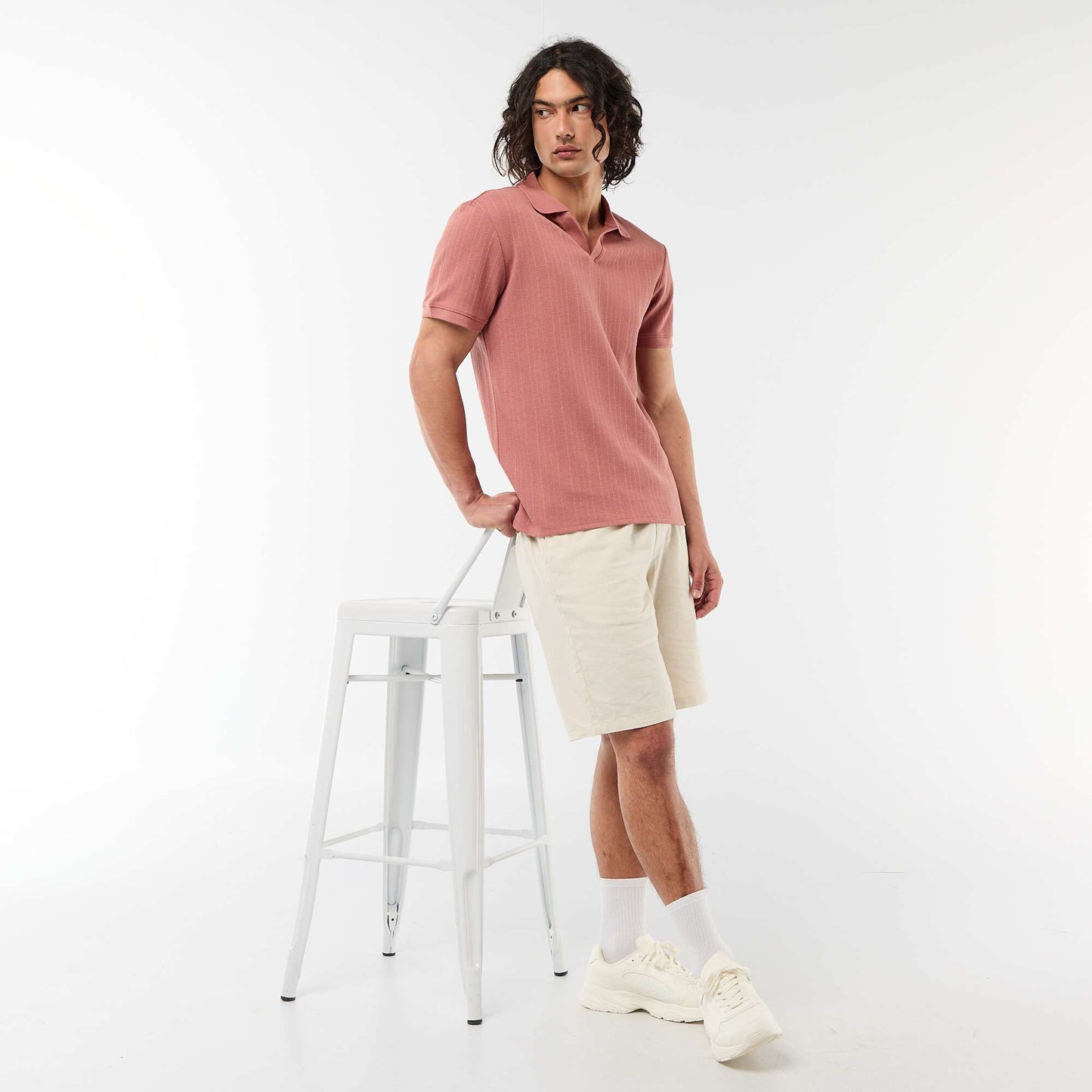 Honeycomb Knit Short-Sleeve Polo Shirt PINK