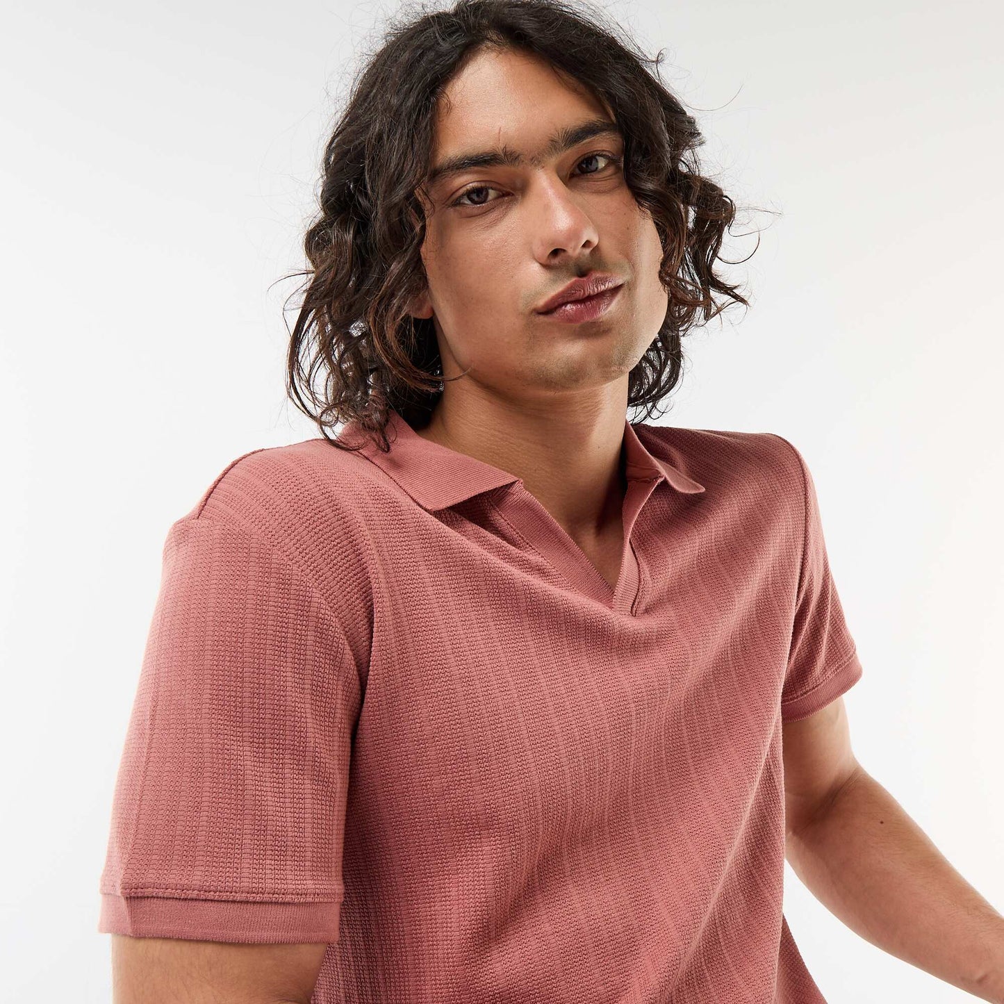 Honeycomb Knit Short-Sleeve Polo Shirt PINK