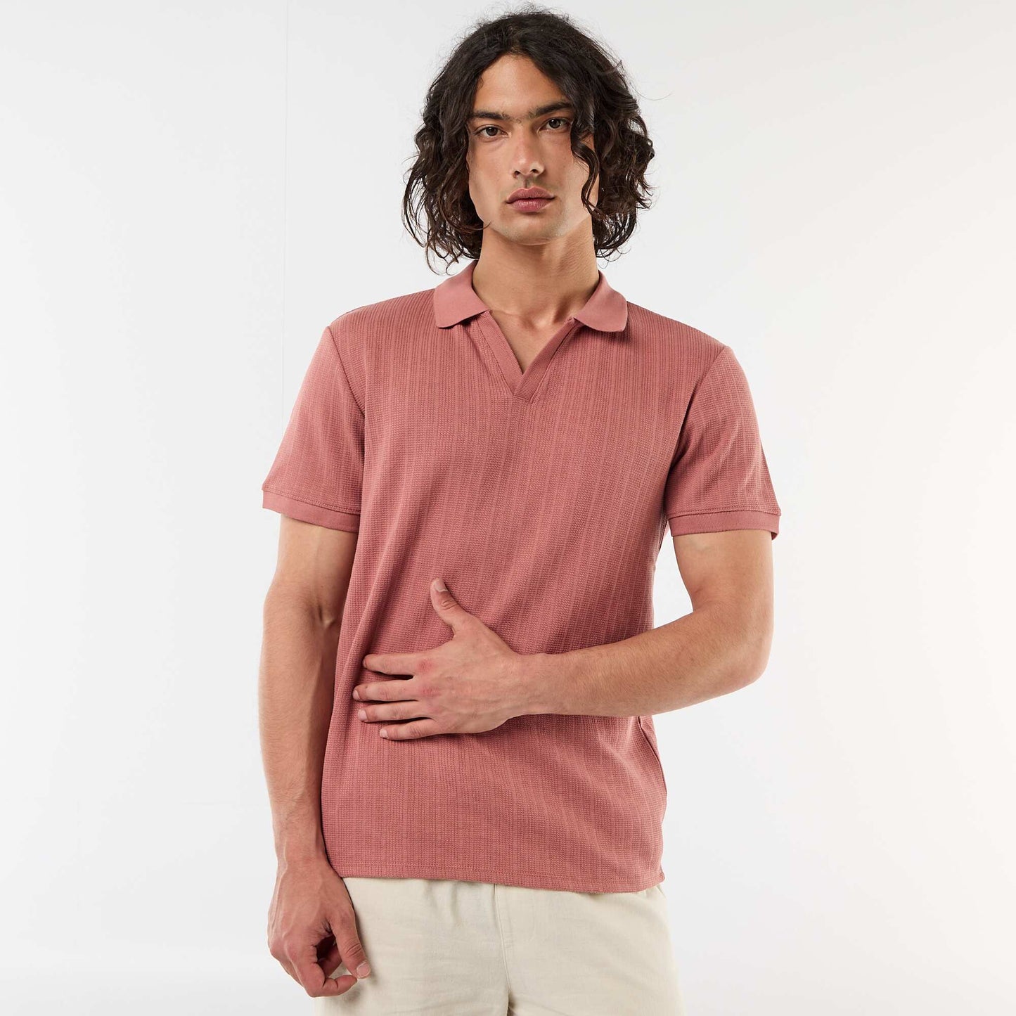 Honeycomb Knit Short-Sleeve Polo Shirt PINK
