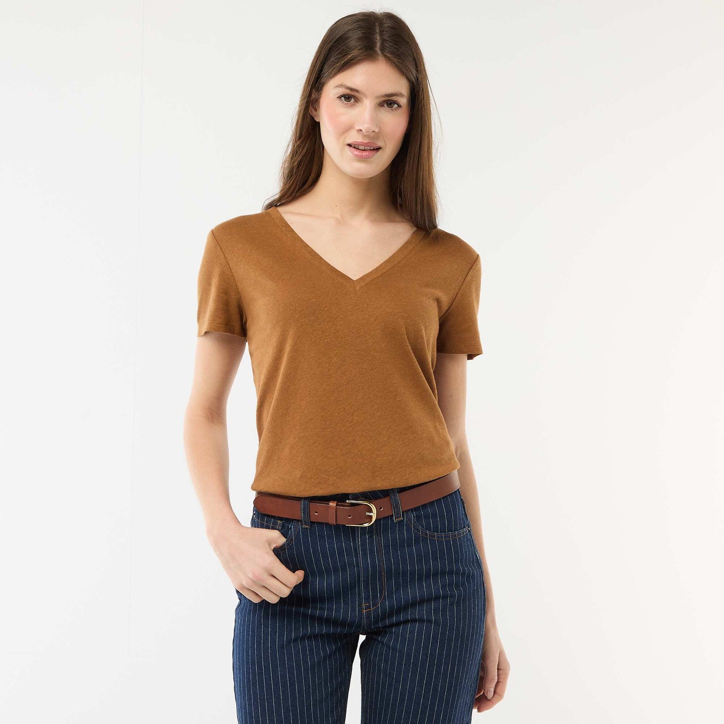Basic V-neck Short-Sleeve T-shirt BROWN
