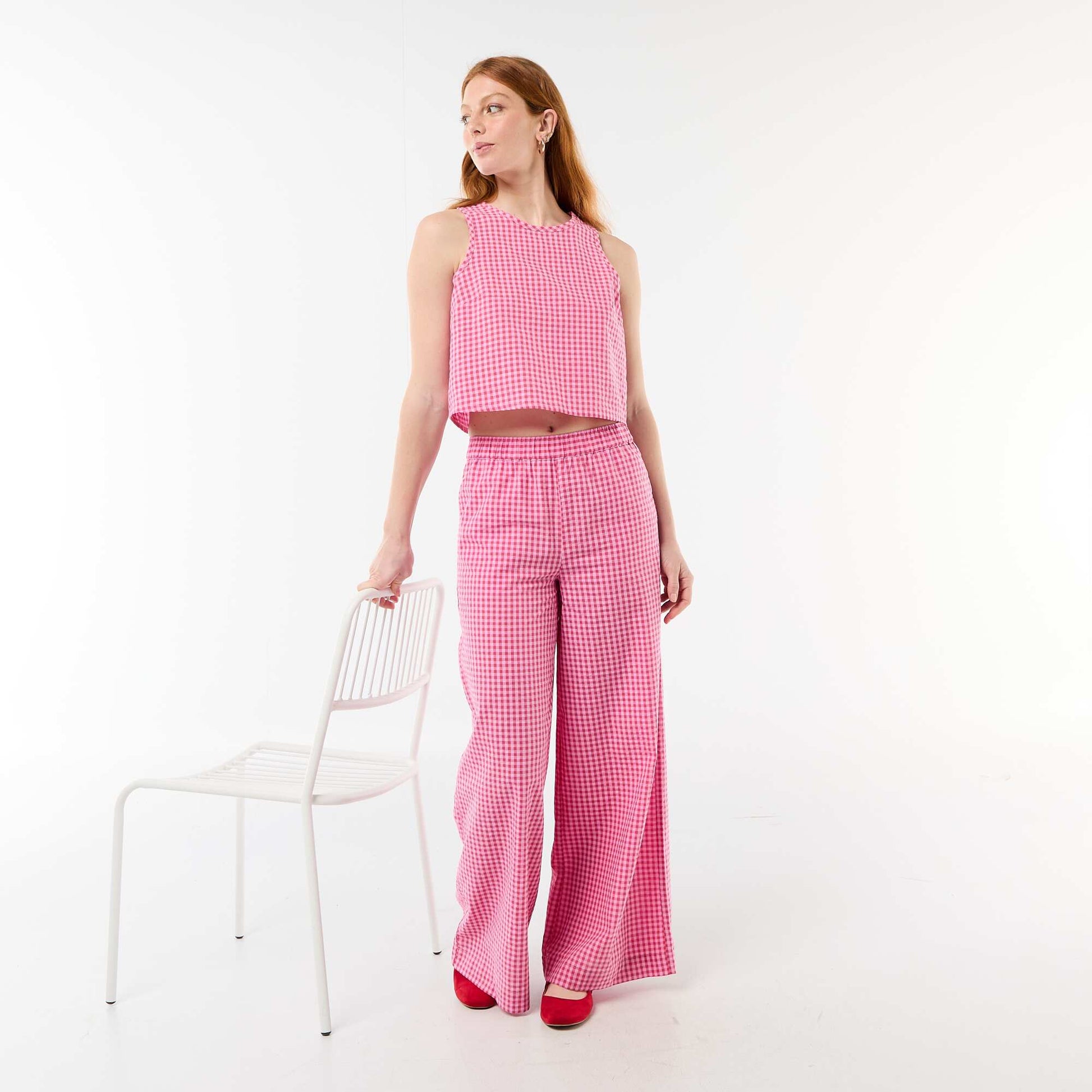 Gingham Wide-Leg Trousers PINK