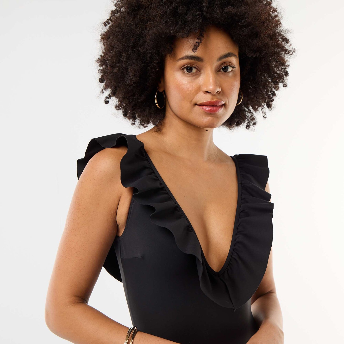 Plunge Neck One-Piece Swimsuit BLACK