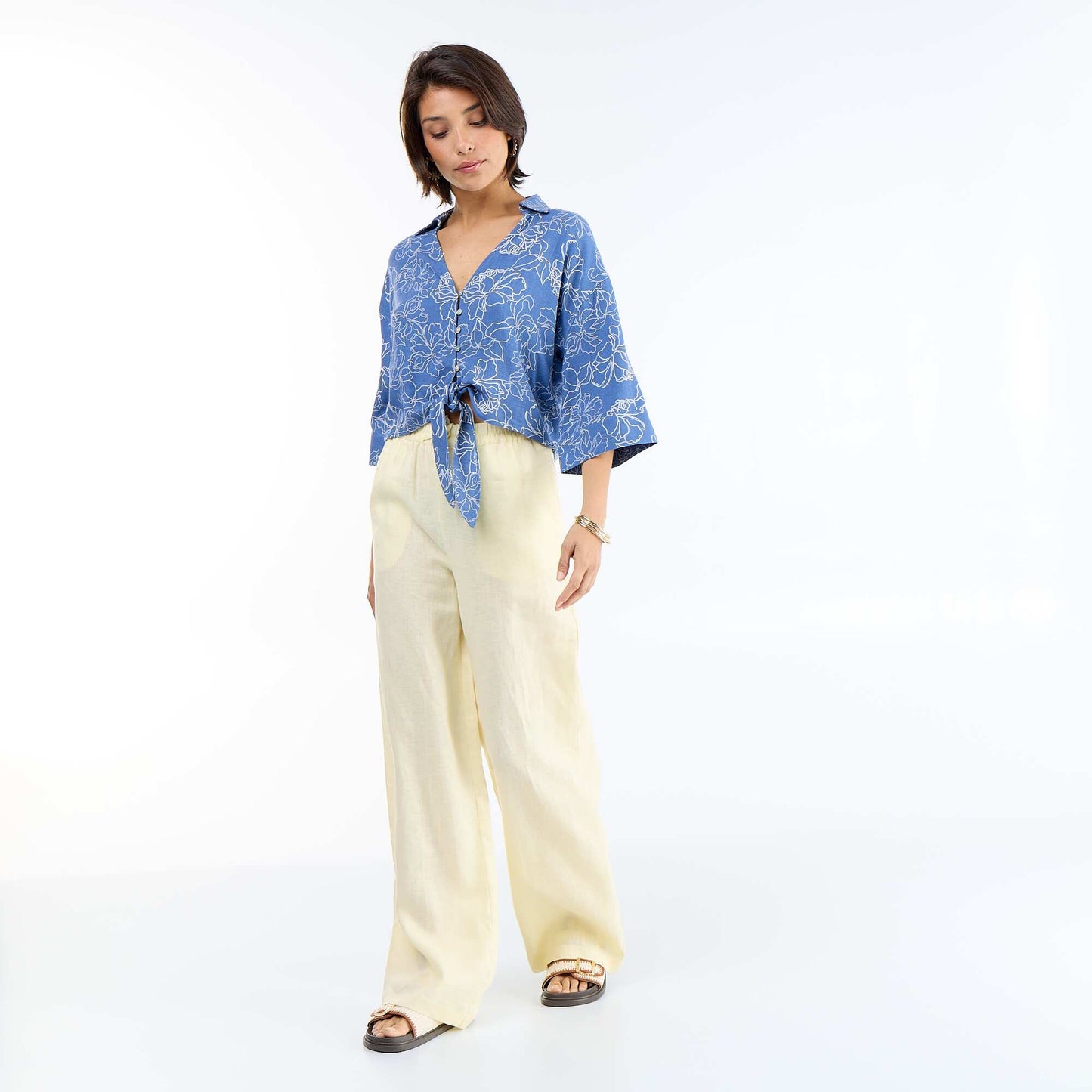 Oversized Cropped Tie-Front Shirt BLUE